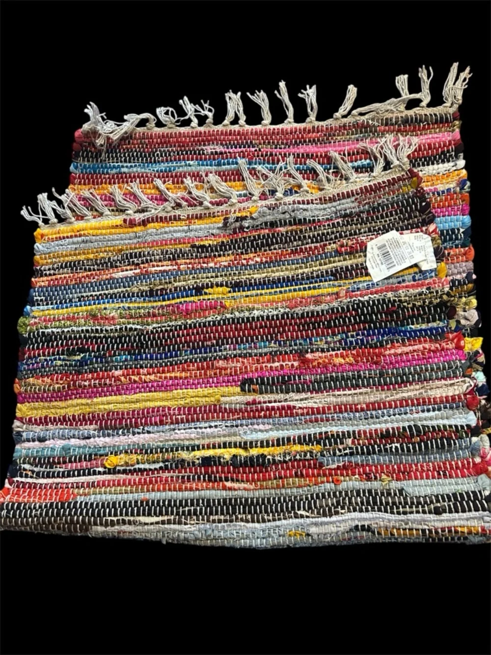 Handwoven Multicolor Rag Rug with Fringe